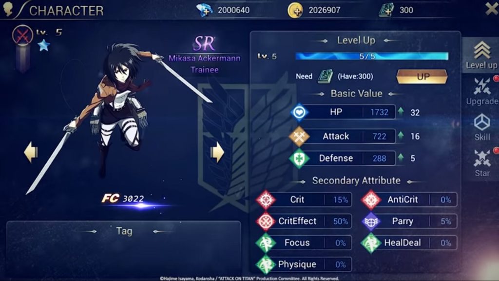 Attack on Titan Assault character leveling