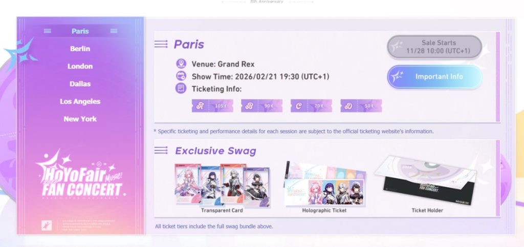 กำหนดการณ์ทัวร์คอนเสิร์ต HoYoFair World Tour