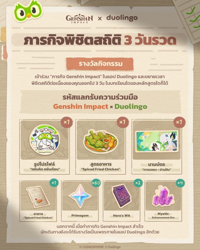 ของรางวัลในกิจกรรม Genshin Impact จับมือ Duolingo