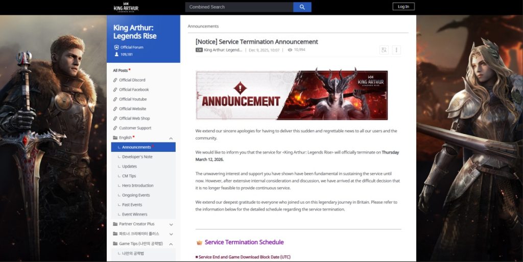 ประกาศปิดเกม King Arthur: Legends Rise
