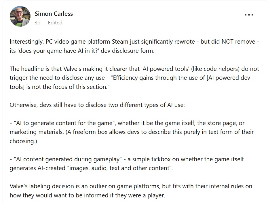 โพสต์ของ Simon Carless ผู้ก่อตั้ง GameDiscoverCo